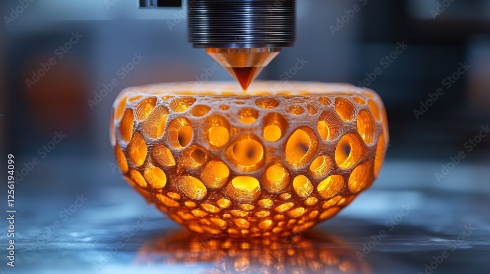 Poster precision crafting: 3d printing an intricate voronoi vessel with layers of molten material, showing 