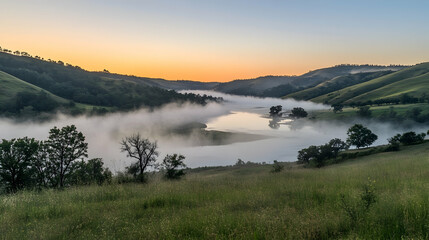 Obraz premium A morning mist hovering over a peaceful river valley, emphasizing natural water cycles