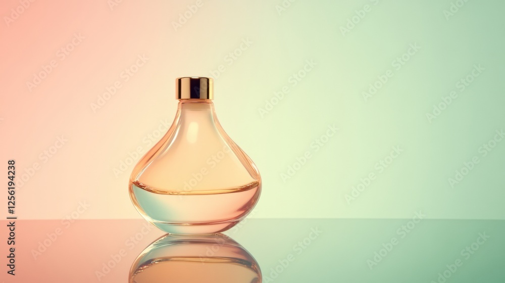 Poster sleek cosmetic bottle on reflective surface with clean pastel tones and blank area for text in soft 