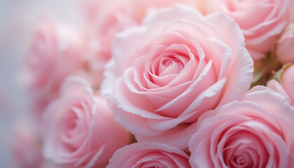 Soft pink roses bloom in pastel tones with a blurred background.