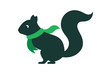 Silhouette vector illustration of a tiny squirrel wearing a green scarf on a white background.