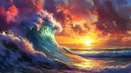 A powerful ocean wave frozen mid-motion under a vibrant sunset