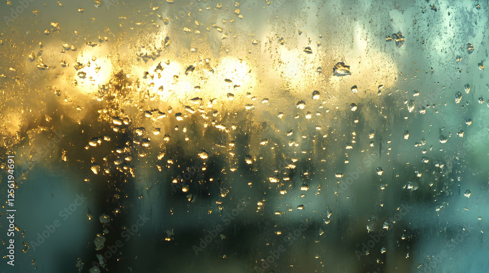 Poster a rain-covered windowpane with soft light reflections creating a peaceful atmosphere
