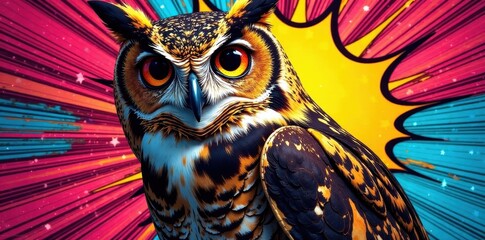 A Majestic Owl in Vibrant Pop Art Style, a Striking Image Featuring Bold Colors and Dynamic Lines, Showcasing the Bird's Intense Gaze