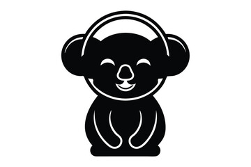 Silhouette vector of a cheerful koala wearing headphones, surrounded by neon lights.