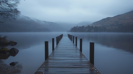 Fototapeta premium Serene wooden pier extending into misty lake under cloudy sky