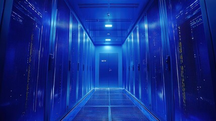 Blue server room corridor, data center, glowing