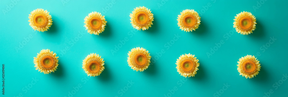 Poster bright sunflower heads arranged in a circular pattern on turquoise background for a vibrant display