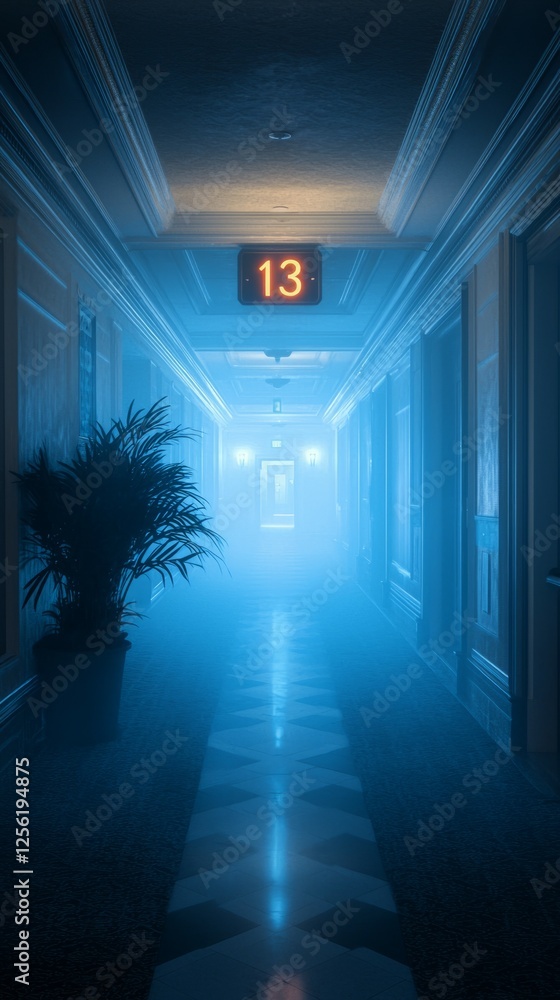 Poster mysterious hotel corridor with fog and number 13 illuminated