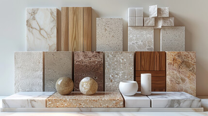 A moodboard of various materials, including white marble and wooden panels, arranged in an elegant composition.