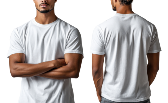 plain white t shirt displayed from front and back, showcasing its fit and style