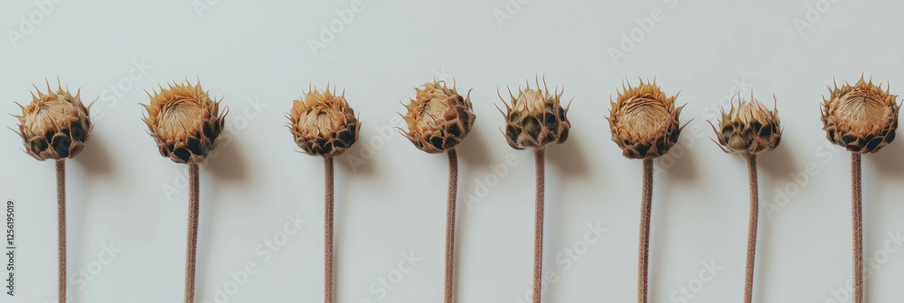 Poster sunflower heads in sequence on a light gray background showcase their natural textures