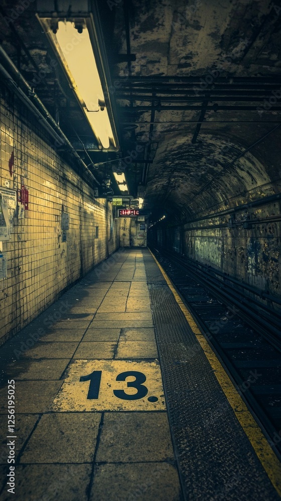 Poster mysterious subway platform with faded tiles and dim lighting
