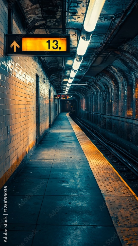 Poster quiet subway platform with illuminated sign and empty tracks