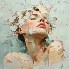 Artistic portrait of a woman with textured layers showcasing emotion and beauty in soft colors. Generative AI