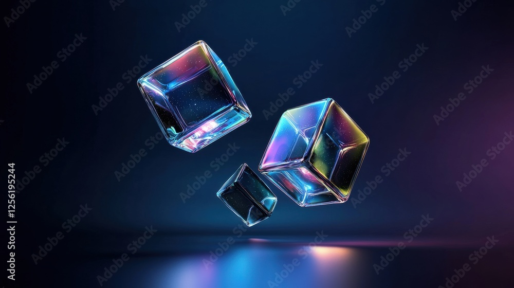 Poster three cubes are floating in the air, each with a different color