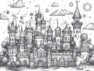 Detailed Hand-Drawn Fantasy Castle Landscape with Towers, Turrets, and Whimsical Elements in Black and White