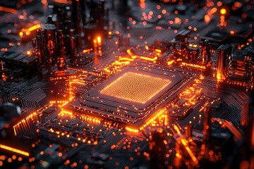 Obraz premium Futuristic ai chip glowing in high fidelity circuit board technology hub digital art nighttime close-up innovation and design