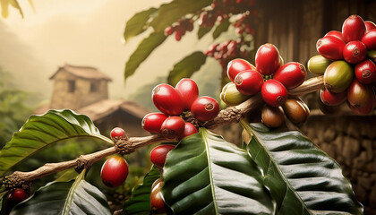 department of coffee plant with ripe red coffee cherries remoted on historical past