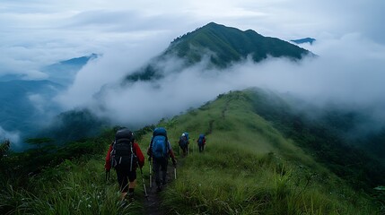 Obraz premium Hikers ascend a mountain ridge shrouded in mist, navigating a grassy trail.