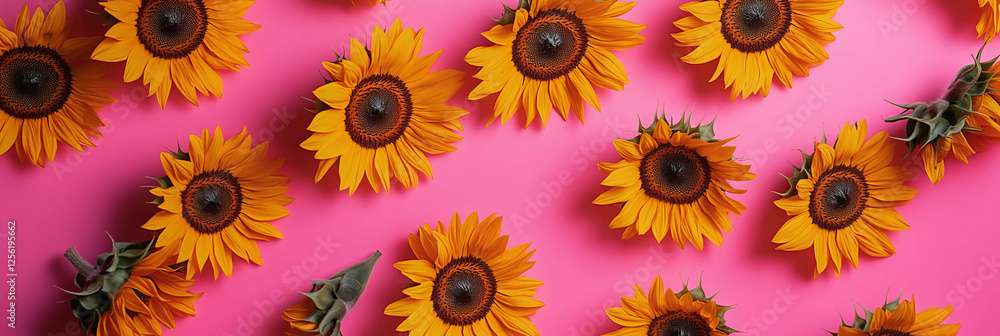 Poster sunflower heads arranged in wave-like pattern against a bright fuchsia background