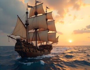 Obraz premium Steampunk pirate ship on a vast ocean, sunset in the background.
