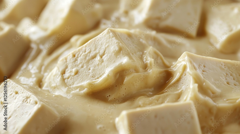 Poster soft tofu cubes in creamy soy sauce mixture close-up view