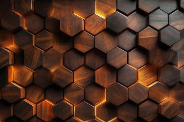 intricate wooden wall panel with hexagonal tessellation pattern, rich mahogany texture, warm ambient lighting, photorealistic 3d rendering