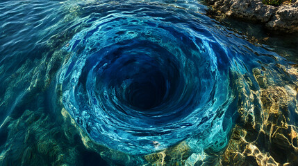 A swirling blue whirlpool forming intricate patterns in clear ocean water