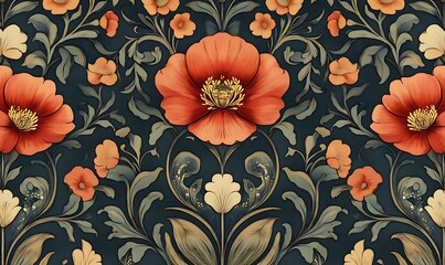 Elegant floral pattern with large orange poppies and intricate foliage on a dark teal background.