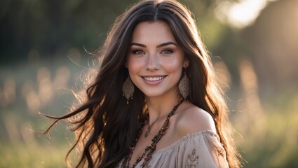 Captivating portrait of a young woman in a sunlit meadow, radiating warmth and joy while adorned with elegant accessories during a serene evening moment