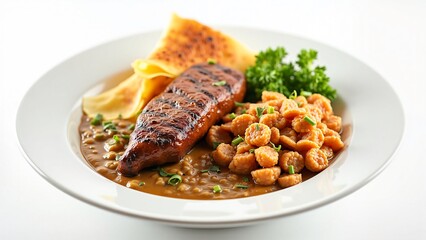 Grilled Chicken Breast with Creamy Mushroom Sauce, Potato Pancakes, and Sp�tzle