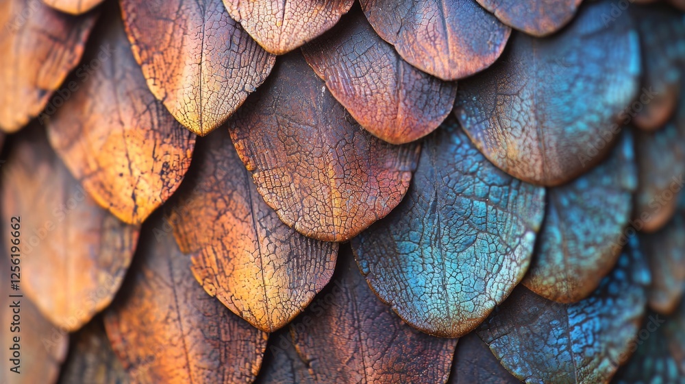 Poster close-up of textured multicolored scales with intricate details