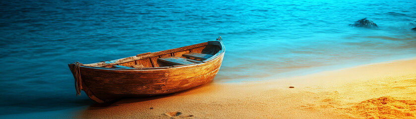 Small wooden boat resting on sandy shore with neon blue outlines against bright background