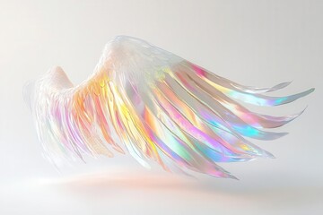 iridescent angel wings with rainbow prism effect, floating ethereally against pure white background with subtle sparkles