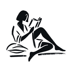 Minimalist black brush illustration of a woman reading a book