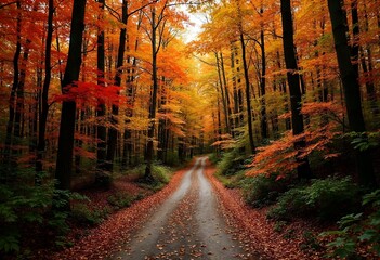 dense forest path at autumn - Generative AI