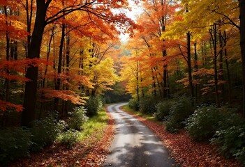 dense forest path at autumn - Generative AI