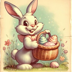Easter bunny with a woven basket of colorful eggs, vintage cartoon style, playful mood