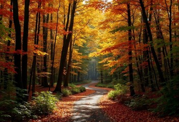 dense forest path at autumn - Generative AI