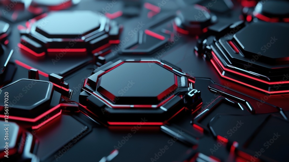Poster A close up of a black and red object with a metallic look