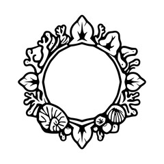 Detailed circular frame design, intricate, with leaves and stylized shells framing a central open space.