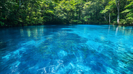 A vibrant blue lake with crystal-clear water, surrounded by dense forest