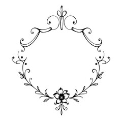 Intricate Floral Frame: Detailed hand-drawn illustration of a decorative ornate open frame with floral and floral elements.