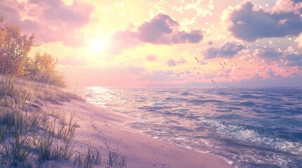 Serene Sunset Over Calm Ocean with Sandy Shoreline and Clouds