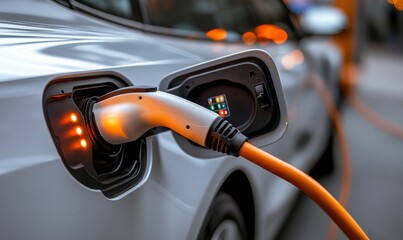 A detailed closeup view of an electric vehicle charging connector found in a modern electric vehicle charging station