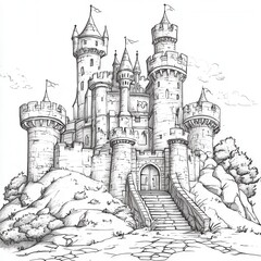 Obraz premium Intricate Black and White Sketch of a Majestic Castle Surrounded by Nature with Turrets and a Pathway Leading to the Entrance