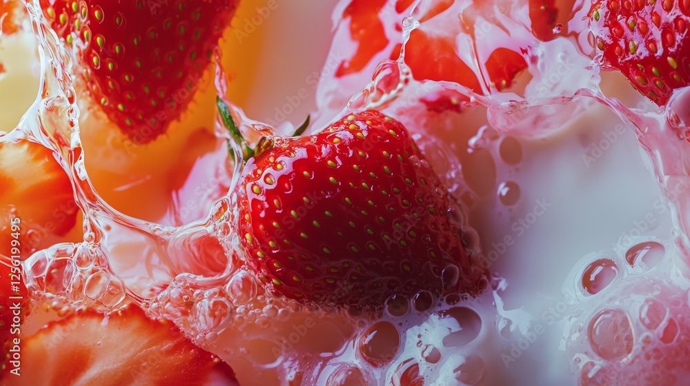 Poster strawberries splashing into milk with vivid colors and bubbles
