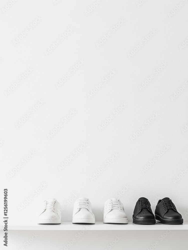 Fototapete Stylish minimalist shoe shelf with neatly displayed sneakers and blank space for personal touch. Generative AI