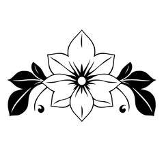 Stylized illustration of a symmetrical floral design, black and white with a white backdrop.